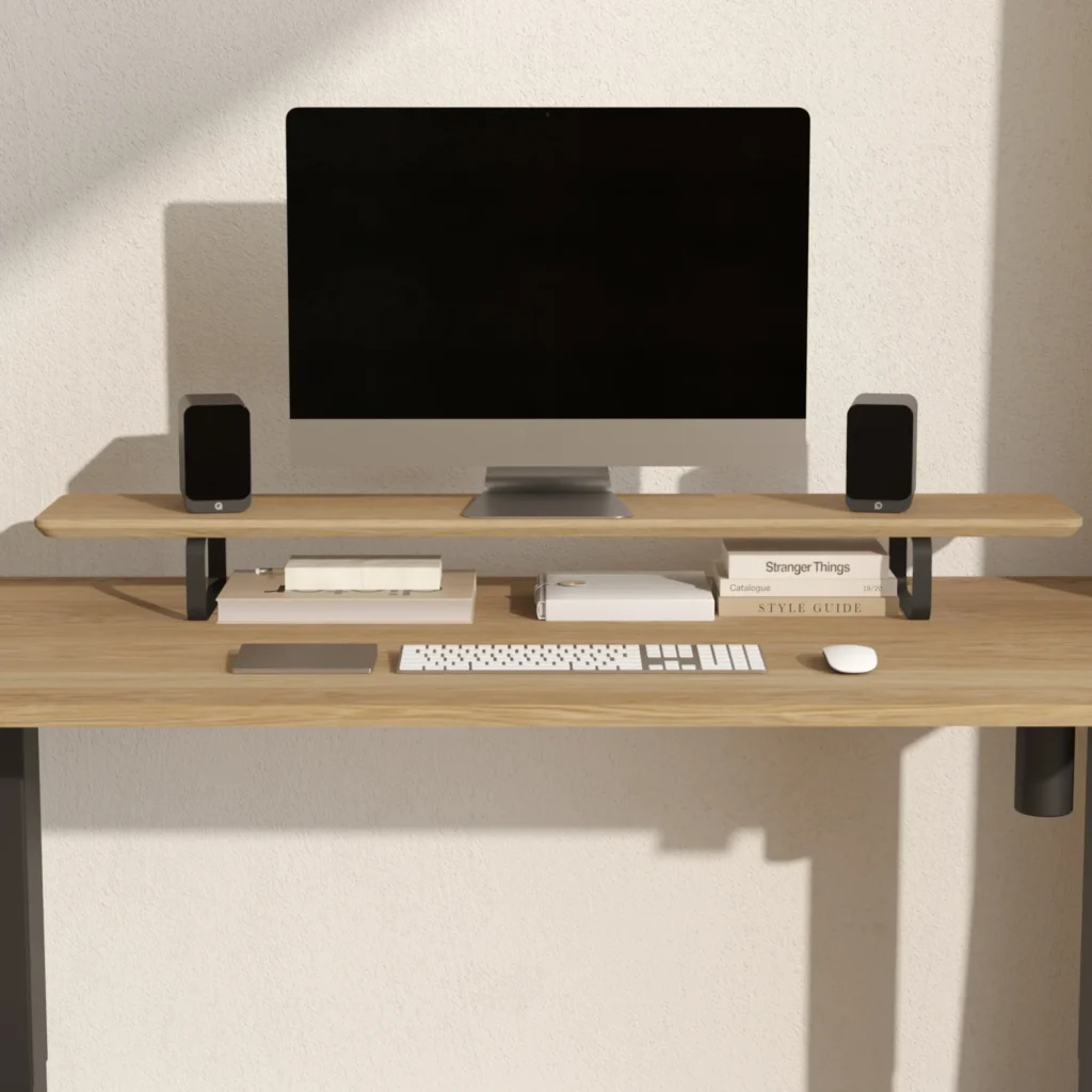 Podstawka pod monitor z drewnianym blatem i metalowymi nogami