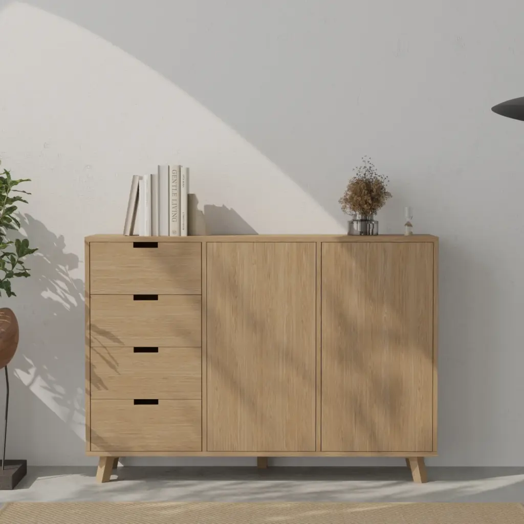 Drewniana dębowa komoda z 4 szufladami z nowoczesnej kolekcji skandynawskiej 143x40 cm