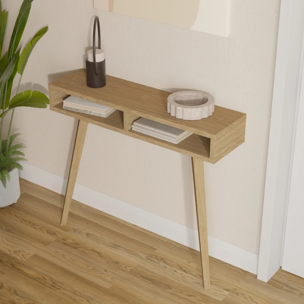 Wąska drewniana konsola o głębokości 25 cm z półkami, styl industrialny