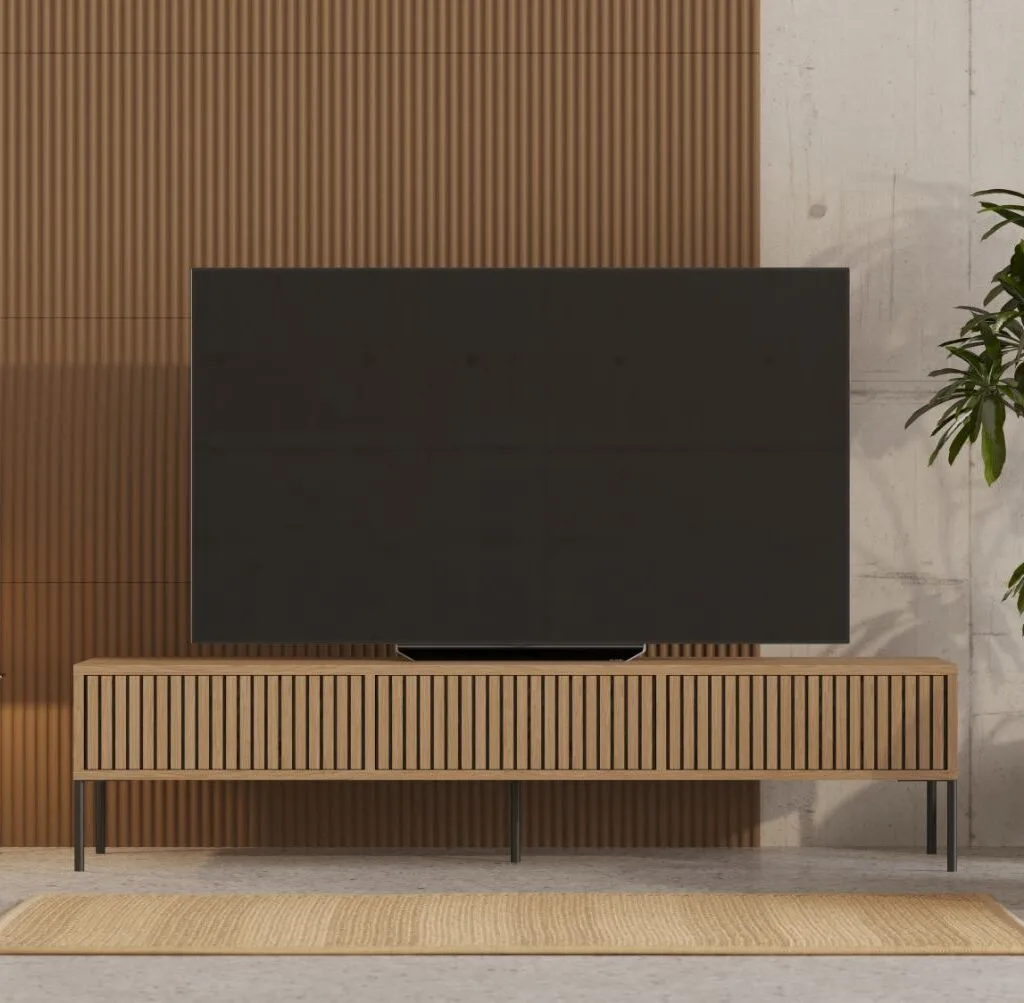 Loftowa szafka RTV 180 cm z dębowymi lamelami