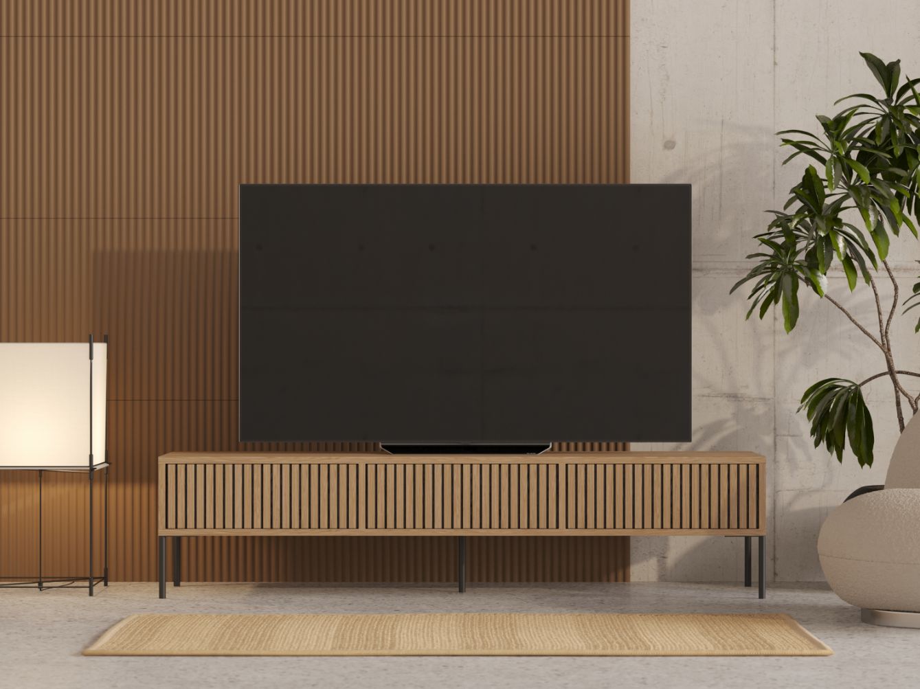 Loftowa szafka RTV 180 cm z dębowymi lamelami