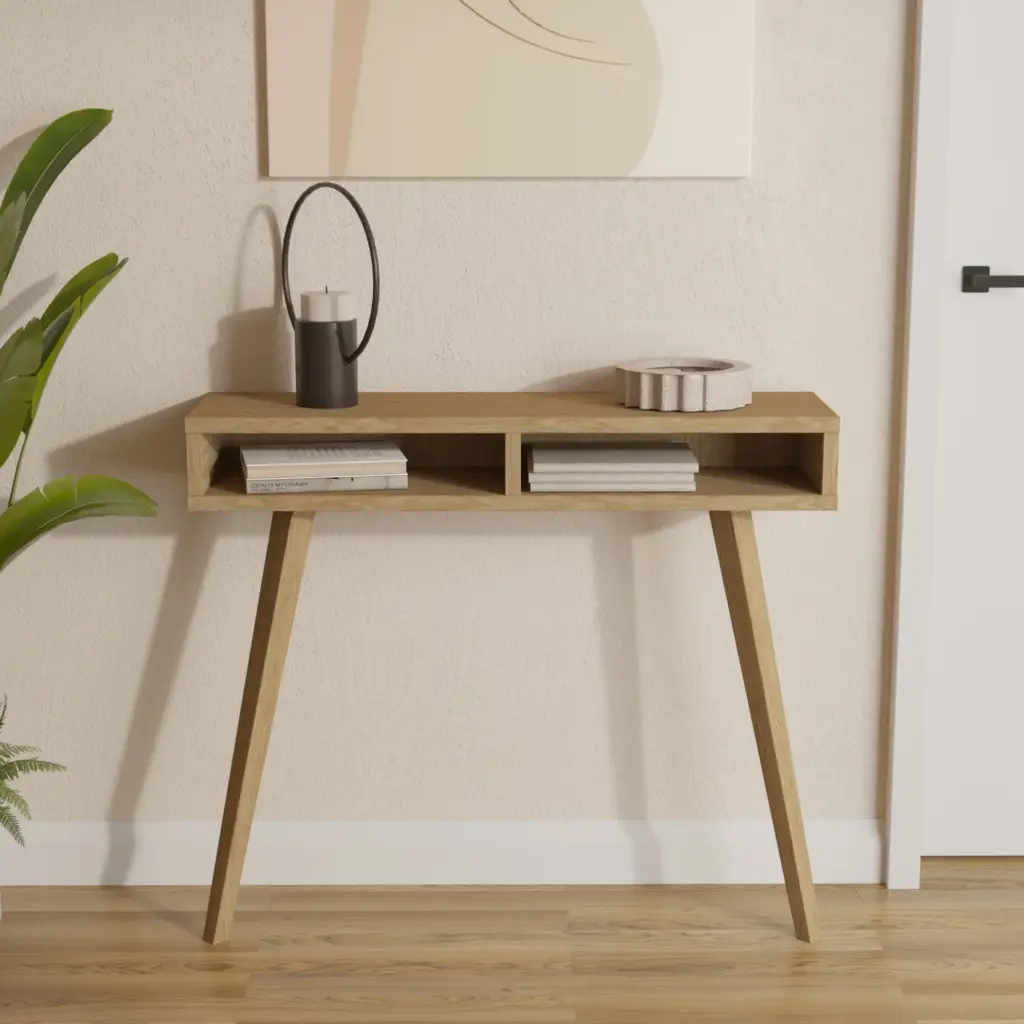 Wąska drewniana konsola o głębokości 25 cm z półkami, styl industrialny