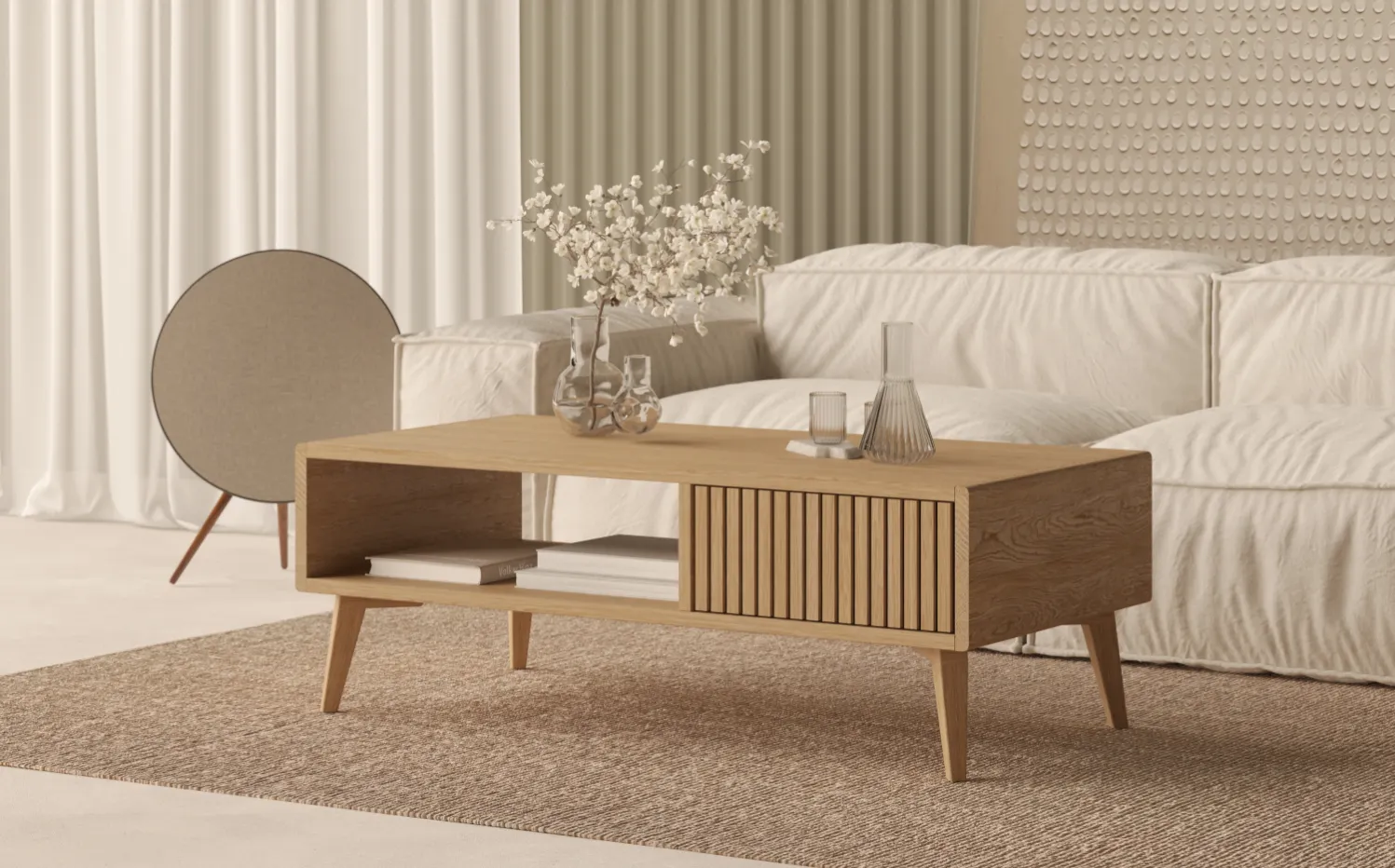 Duży prostokątny stolik kawowy 120x60 cm z szufladą z lamelowym frontem