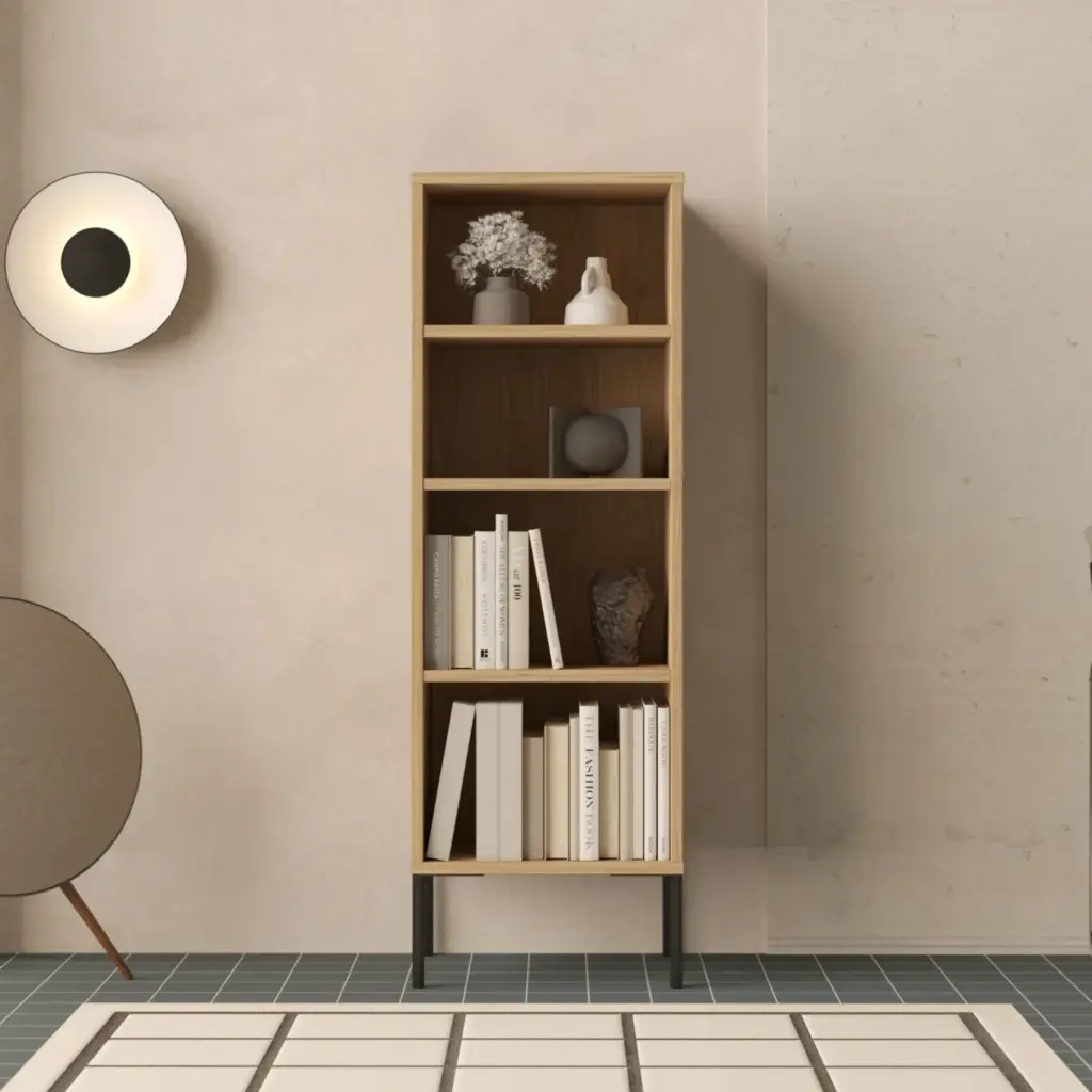 Wąski drewniany regał z półkami i metalowymi nogami w stylu loft