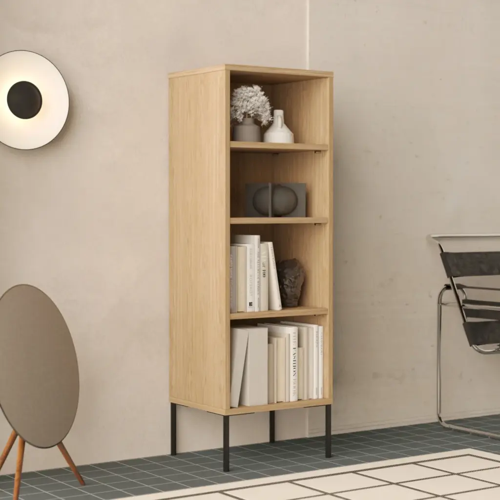 Wąski drewniany regał z półkami i metalowymi nogami w stylu loft
