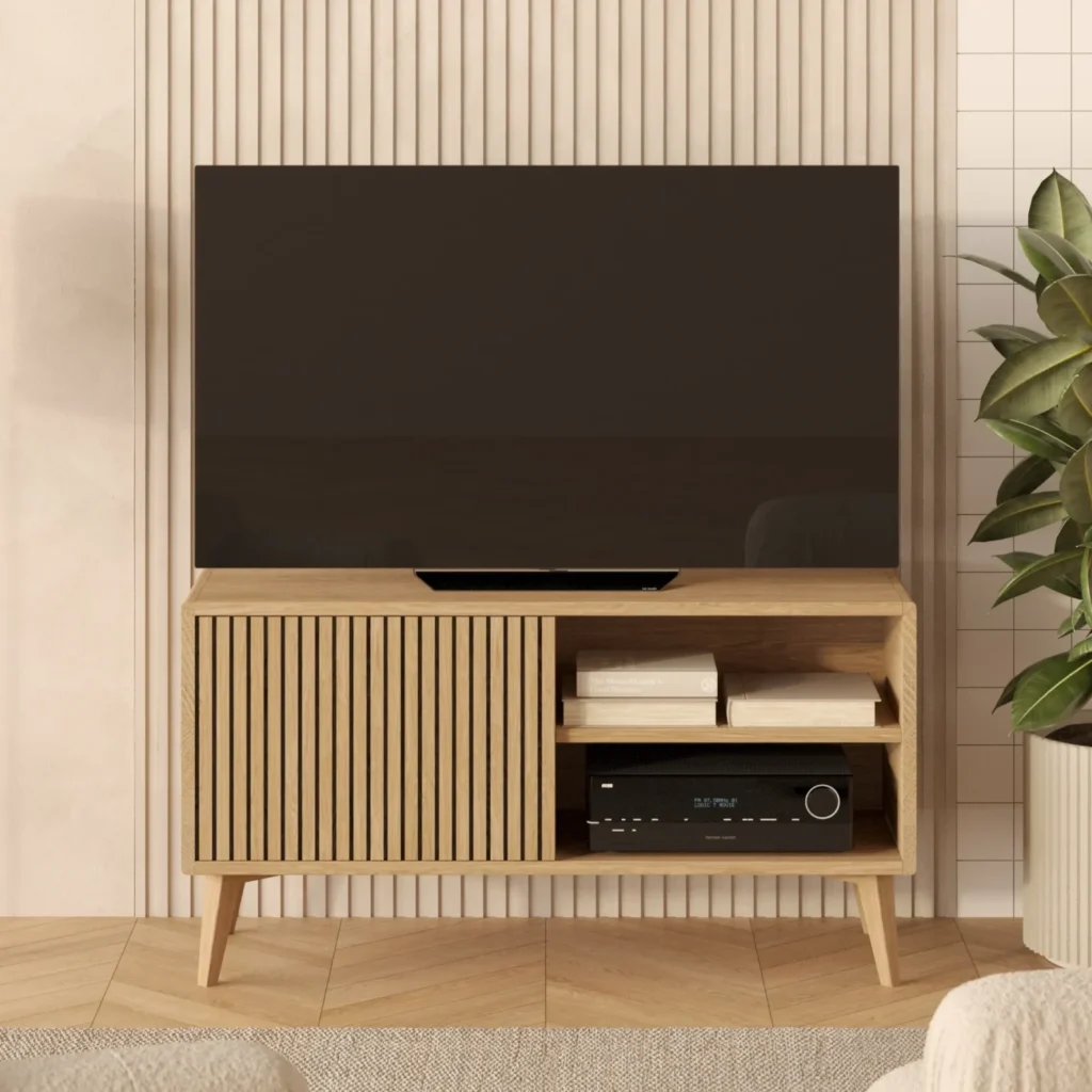 Mała komoda RTV 120 cm z lamelami z litego dębu