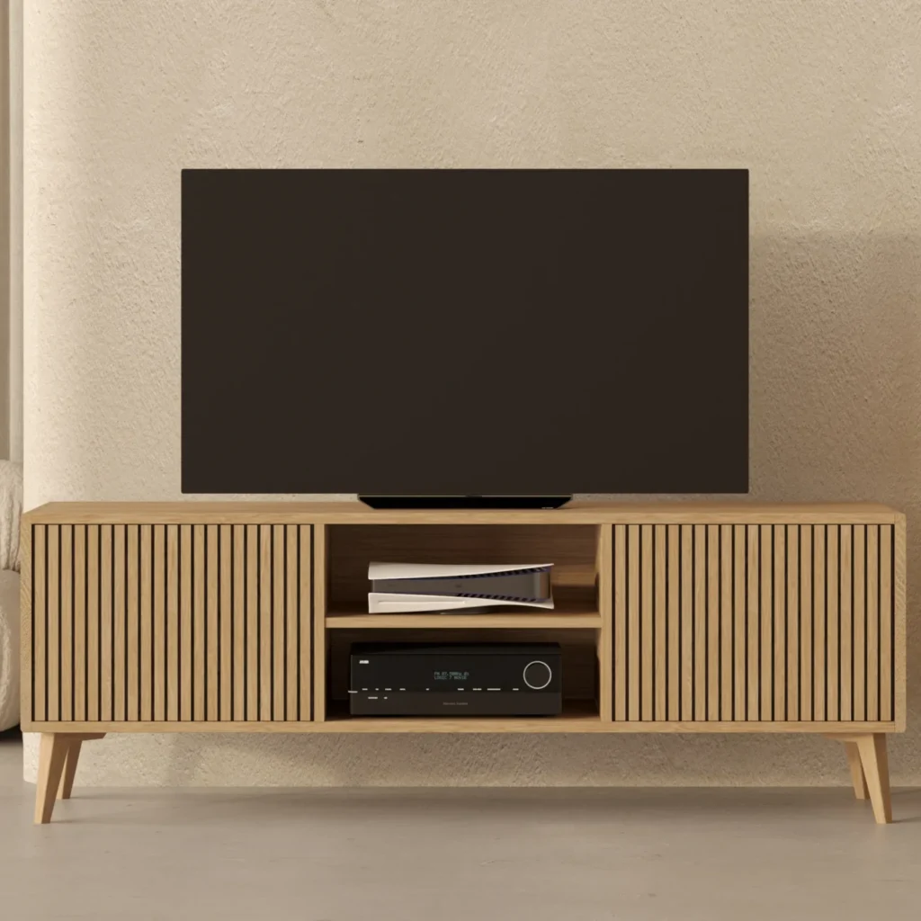Duża nowoczesna komoda pod TV 180x45 cm z frontami z lameli dębowych