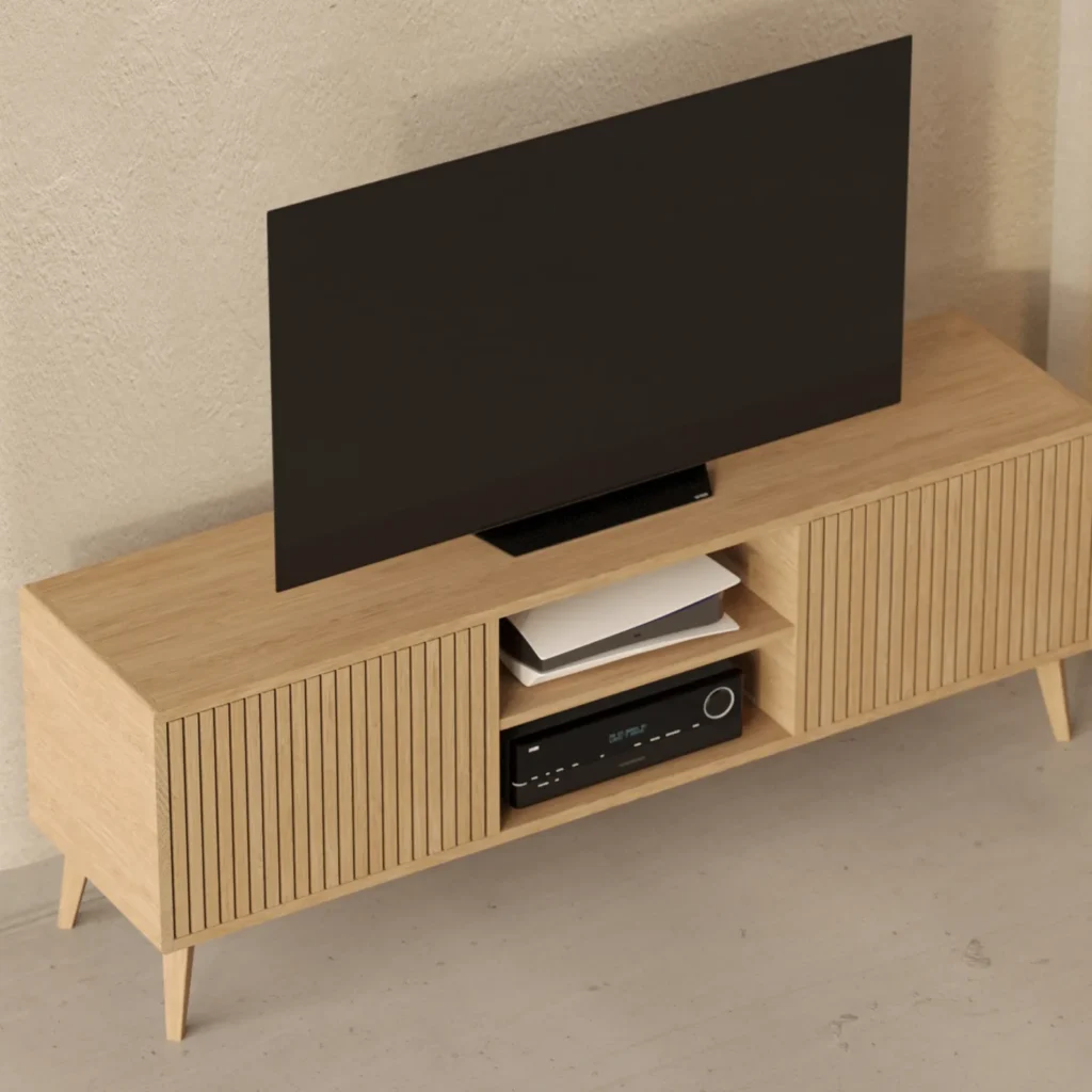 Duża nowoczesna komoda pod TV 180x45 cm z frontami z lameli dębowych