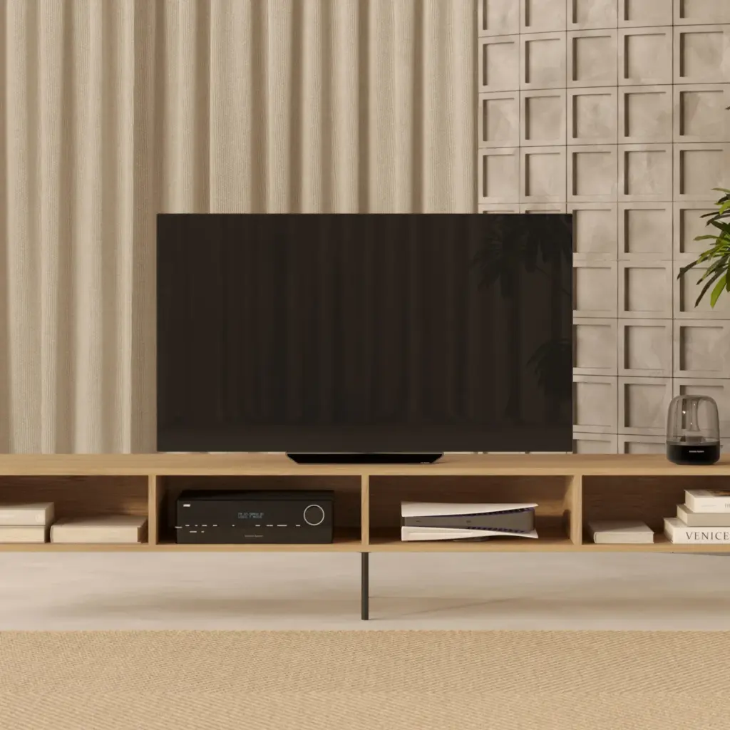 Długa loftowa drewniana szafka pod TV 240 cm w minimalistycznym stylu